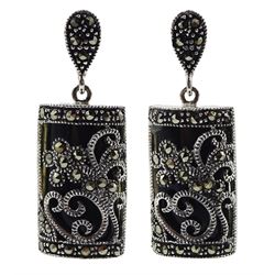 Pair of black onyx and marcasite pendant stud earrings, stamped 925