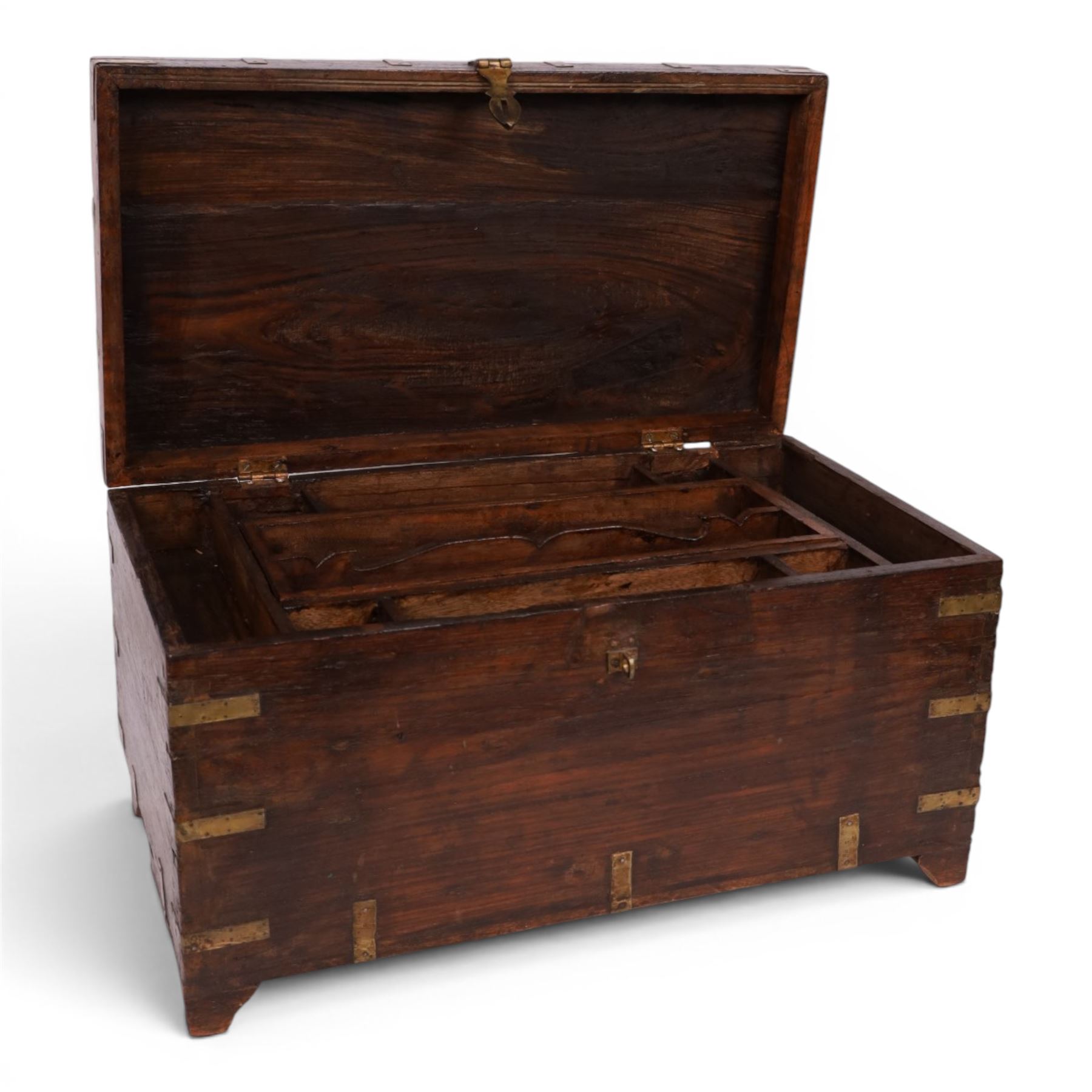 Anglo Indian brass bound chest, the hinged lid with central brass star and floral motifs to the corners, opening to reveal a fitted tray, H30cm, D30cm  