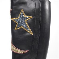 Gucci - pair of Dionysus buckled knee-high leather boots, in black with block heels, applied with rhinestone star, moon and heart applique motifs, with the signature silver tone tiger head buckle fastening and full length zip, size 38, total boot height 48cm, unused with original box and dust bags
