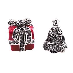 Five silver Pandora charms including Pandora shopping bag, Christmas tree, wrapped present, Winter scene, and snowman with reindeer droplet charm, all stamped S925 ALE, with one Pandora box 