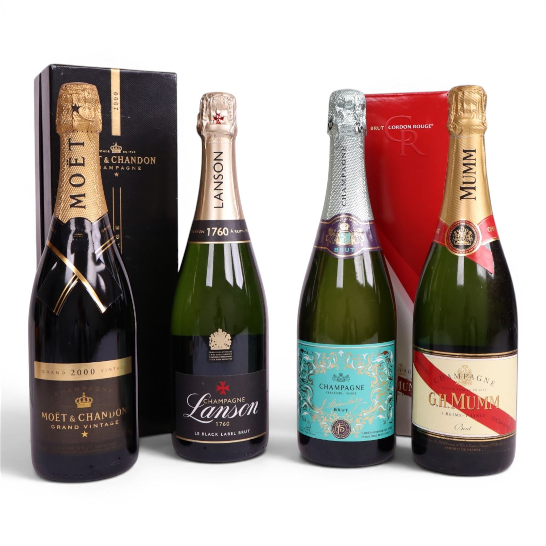 Moet & Chandon 2000 grand vintage champagne, G.H. Mumm brut cordon rouge champagne and two others, various contents and proof