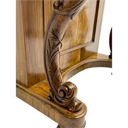 Fine and unusual 19th century olivewood piano top davenport, raised shaped back carved with olive branches and olives, the top hinges to reveal lidded and correspondence compartments, the piano lid enclosing sliding top with hinged and adjustable writing surface with leather inset, right-hand panelled door enclosing four drawers, olive branch and scroll carved cabriole front supports on moulded and shaped platform, turned cup feet with recessed castors 