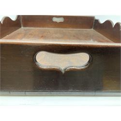 George III mahogany butlers tray, of rectangular form with raised and shaped gallery, and twin pierced handles, H9.5cm W61cm D50.5cm