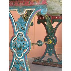 Victorian cast iron conservatory table, the serpentine moulded white marble top raised on a polychrome painted base well detailed with scrolls and floral motifs. H76cm, W123cm, D56cm. - COLLECTION BY APPOINTMENT FROM: The White House, Thirsk Road, Easingwold, York, YO61 3NF - CALL 01723 507111 TO ARRANGE