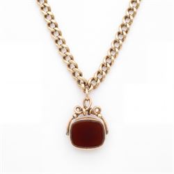 19th / early 20th century 9ct rose gold graduating Albert / necklace chain, stamped 9 375, suspending a 9ct gold bloodstone and agate swivel fob, Birmingham 1892