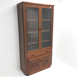 Chinese rosewood glazed display cabinet, two bevel edge glazed doors enclosing three shelves, above single drawer and two cupboards, plinth base, W93cm, H181cm, D36cm 