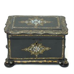 Victorian papier mache tea caddy inlaid with mother of pearl and gilt on compressed bun feet W20cm