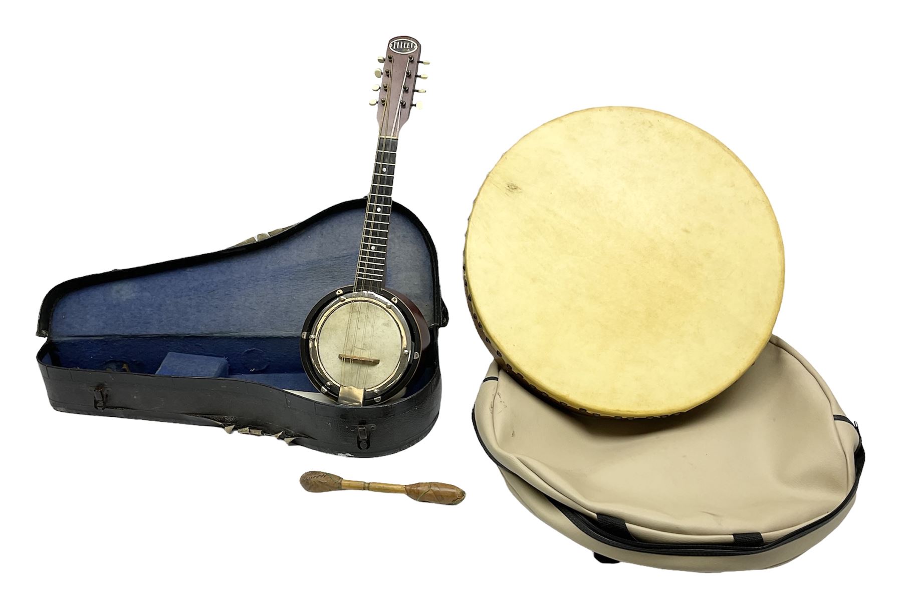 Dulcet eight-string banjo mandolin with mother-of-pearl inlaid ebonised fingerboard L55.5cm; cased; and Irish mahogany bodhran hand drum with inlaid stringing and vellum top D46.5cm; in soft carrying case with double ended beater (2)