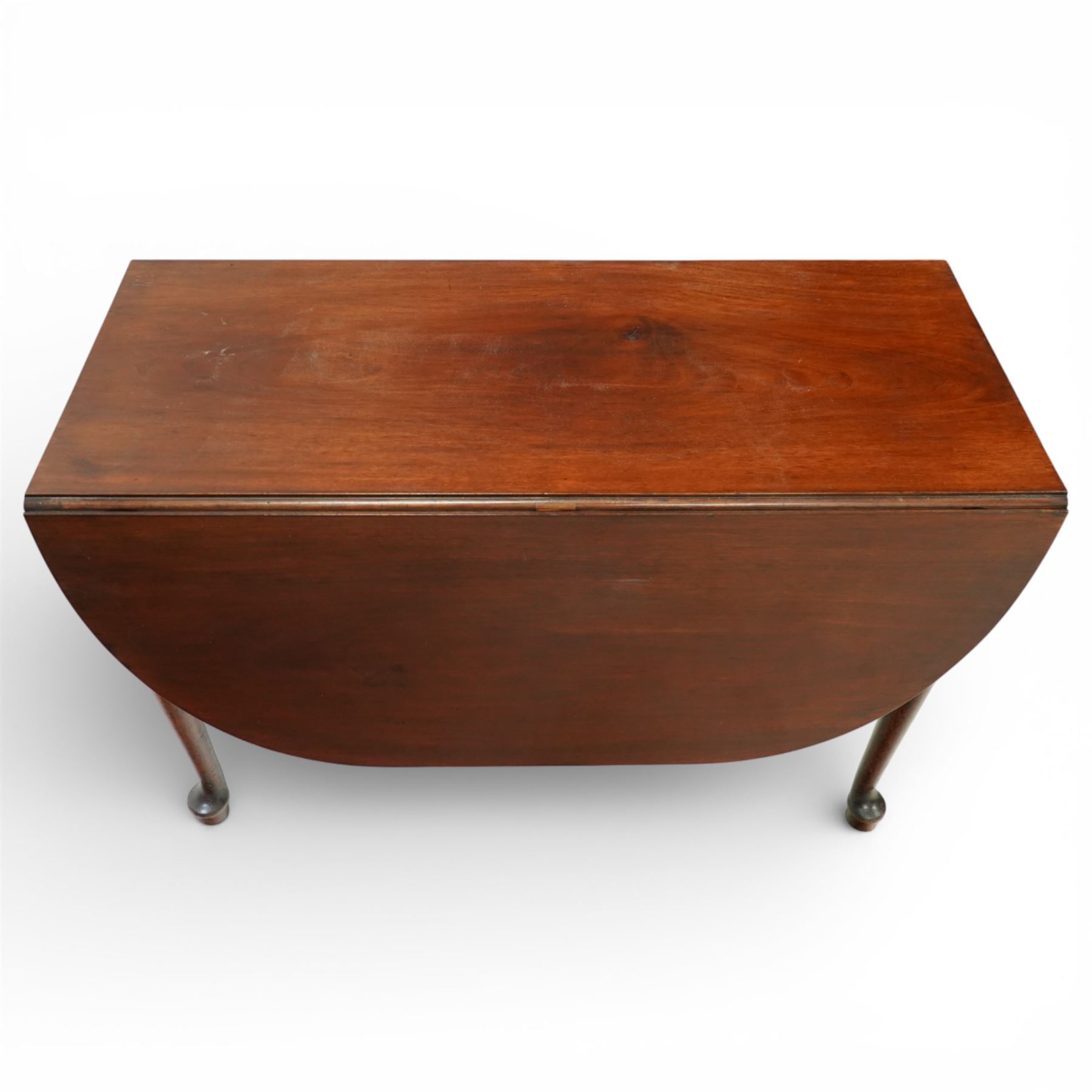 20th century mahogany drop leaf dining table, demi lune leaves above tapering legs with pad feet 