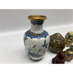 Chinese bronze peach of immortality and longevity, cloisonné vase of baluster form and three miniature cloisonné vases, six Netsuke modelled as monkeys, dragon etc