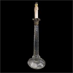 Near pair of large 19th century cut glass table lamps, each of columnar form with diamond cut tapering stem and silver plated Corinthian capital, raised upon a circular faceted foot (one slightly smaller), H71cm overall 