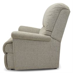 Sherborne - Pair of armchairs, in grey chenille fabric upholstery with fixed cushions and upholstered scroll arms, on castors