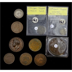 Various medallions and tokens including George IIII inauguration medallion, Associated Irish Miners Arms 1789 Cronebane halfpenny, Temperance halfpenny 1840 etc