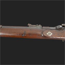 Snider-Enfield service rifle .577 calibre, barrel 33 in., tangent/ladder back sight, action marked with crowned V.R BSA & Co 1872, full stocked with two barrel bands, steel clearing rod, walnut stock marked Mx1 93 Birmingham, overall L124cm