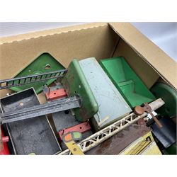 Hornby '0' gauge - eight wagons; Pullman Marjorie passenger coach; locomotive casing; tender; two signal boxes (green roof and red roof); level crossing; water tower; platform; four various signals; two buffer stops (one boxed); and scratch-built wooden tunnel; all unboxed