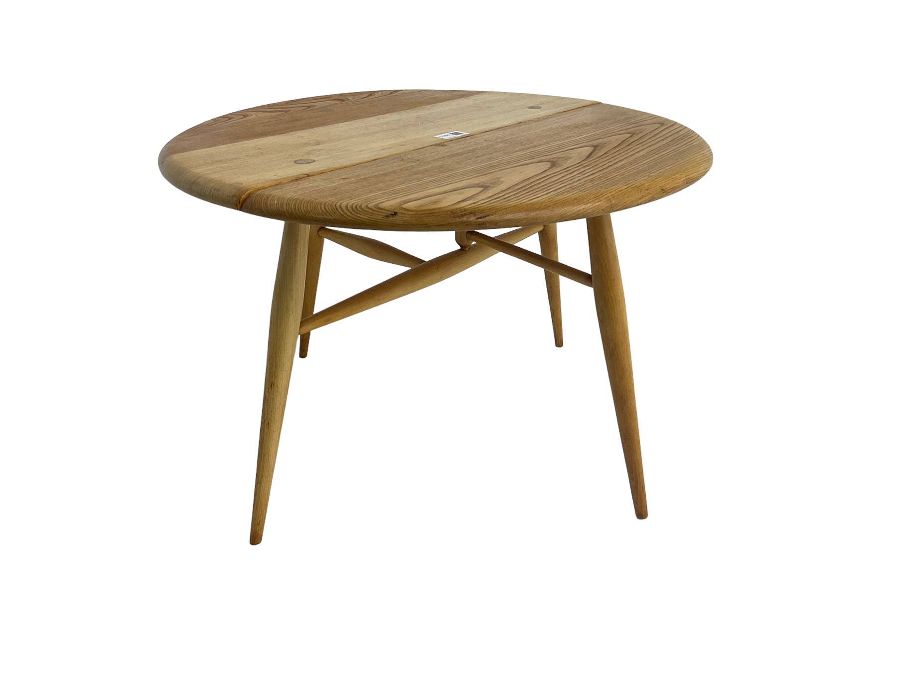 Ercol - elm and beech '308 Folding Occasional Table', circular top with gate-leg and splayed tapering supports