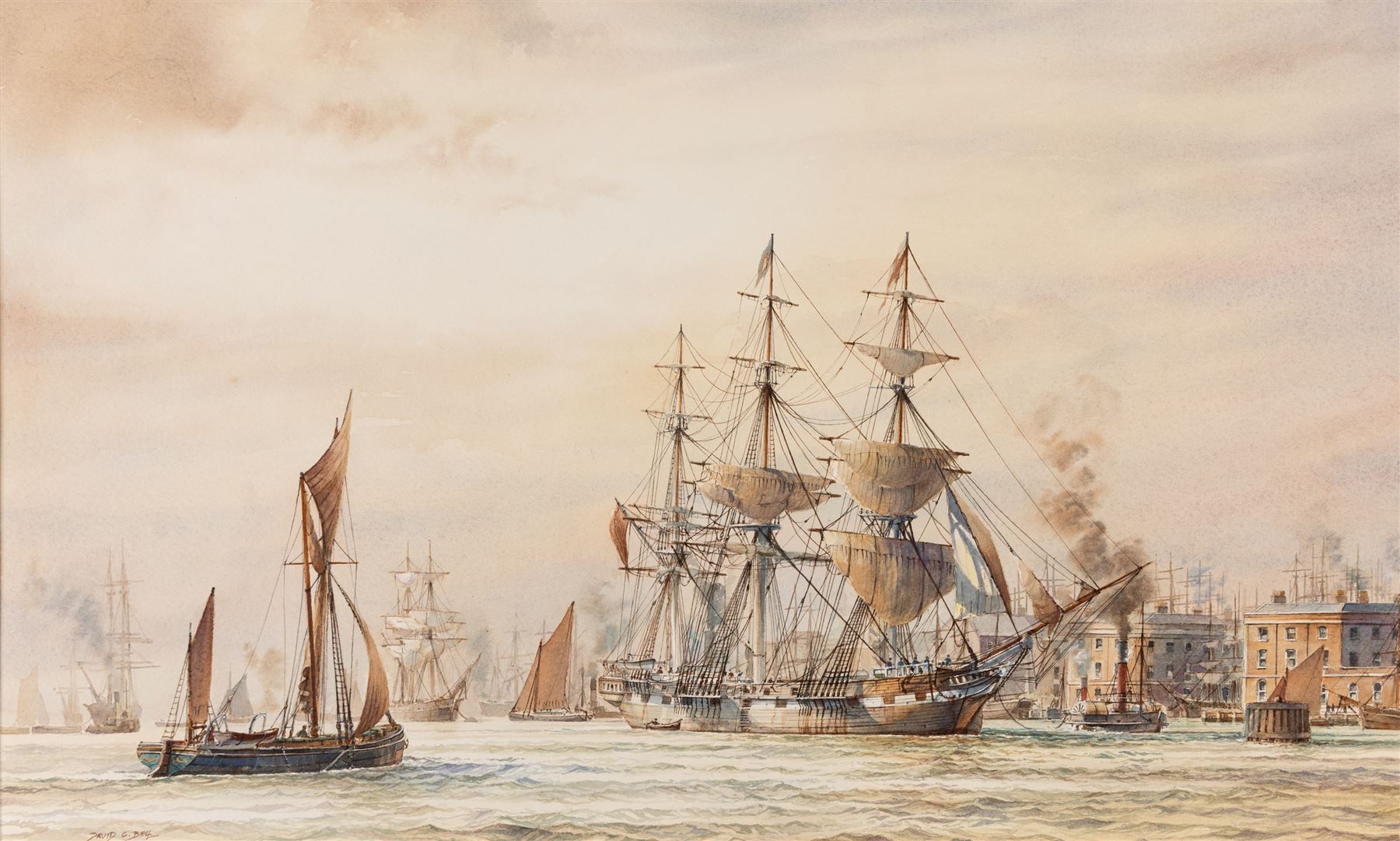 David C Bell (British 1950-): 'True Briton off Wapping c1867', watercolour signed, titled verso 38cm x 63cm
Notes: The True Briton was built in 1861 for R Wigram & Sons at the famous Blackwall Yard on the Thames. The third ship of that name, this wood-built passenger ship, 1046 tonnes and 195 feet in length, was the final development of the 'Blackwall' or more accurately 'frigate-built' ship, made famous by the Honourable East India Company, of which the Wigram and Greene Yards at Blackwall built so many. Seen here leaving Wapping for a passage to Australia the True Briton was last owned by John Smith of London and ended her days as a coal-hulk. 