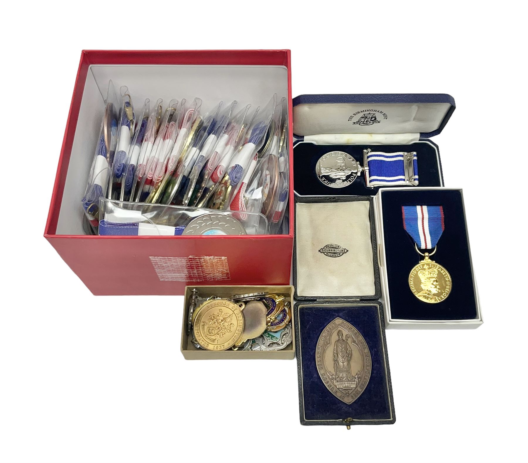 Medals, medallions and fobs including Queen Elizabeth II 'Golden Jubilee Medal 1952-2002', The Birmingham Mint 'Long Service and Good Conduct' medal, various modern medals etc. 