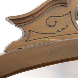 20th century mahogany marble topped washstand, rectangular veined grey marble top over two panelled cupboard doors with ring handles, raised on square tapering supports terminating in castors, the rear fitted with shaped back and oval swing mirror within a scroll cut frame surmounted by pierced cresting