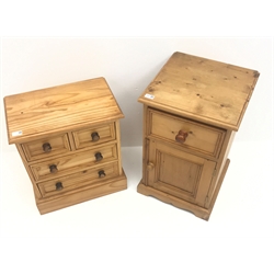  Solid pine bedside cabinet, single drawer above cupboard door, plinth base (W41cm, H67cm, D41cm) and similar small chest, two short and two long drawers, plinth base (W49cm, H56cm, D31cm)  
