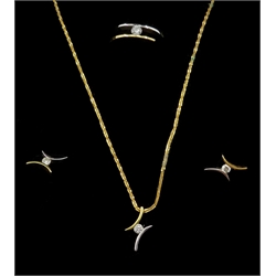  Suite of 18ct yellow and white gold diamond set jewellery including a ring, pair stud earrings and pendant necklace, all stamped 750, with certificates  