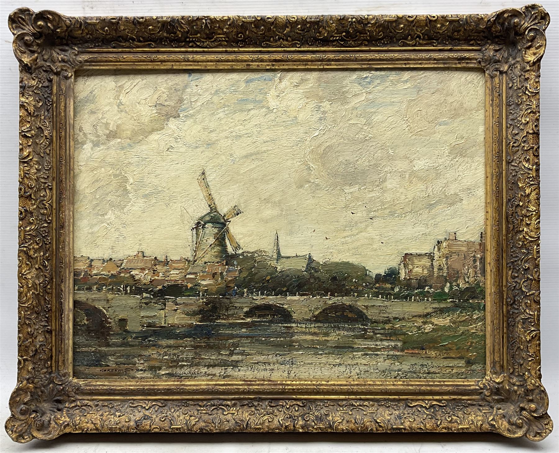 Kershaw Schofield (British 1872-1941): Dutch Bridge and Windmill, oil on panel signed 38cm x 51cm