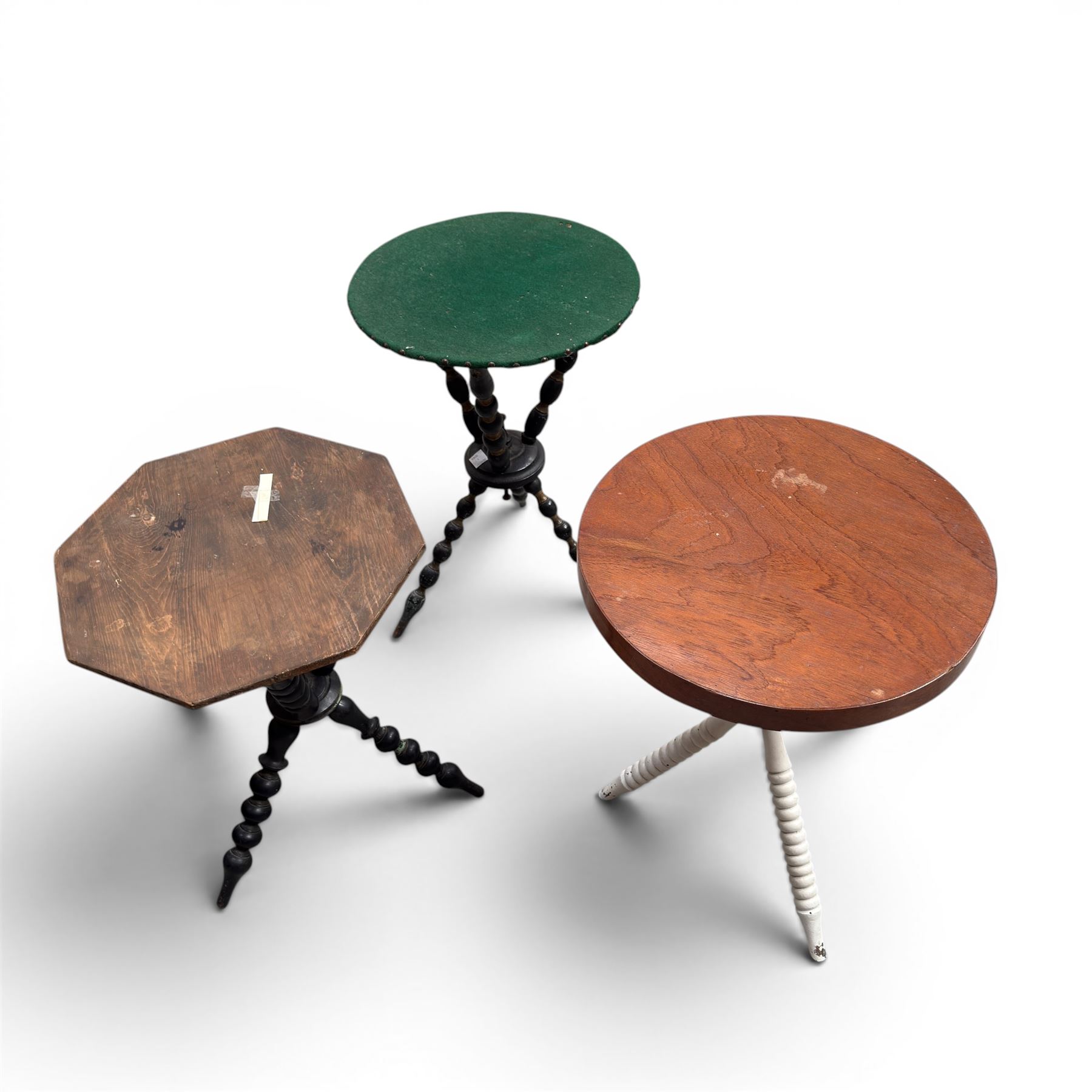 Three antique gypsy tables on bobbin-turned supports
