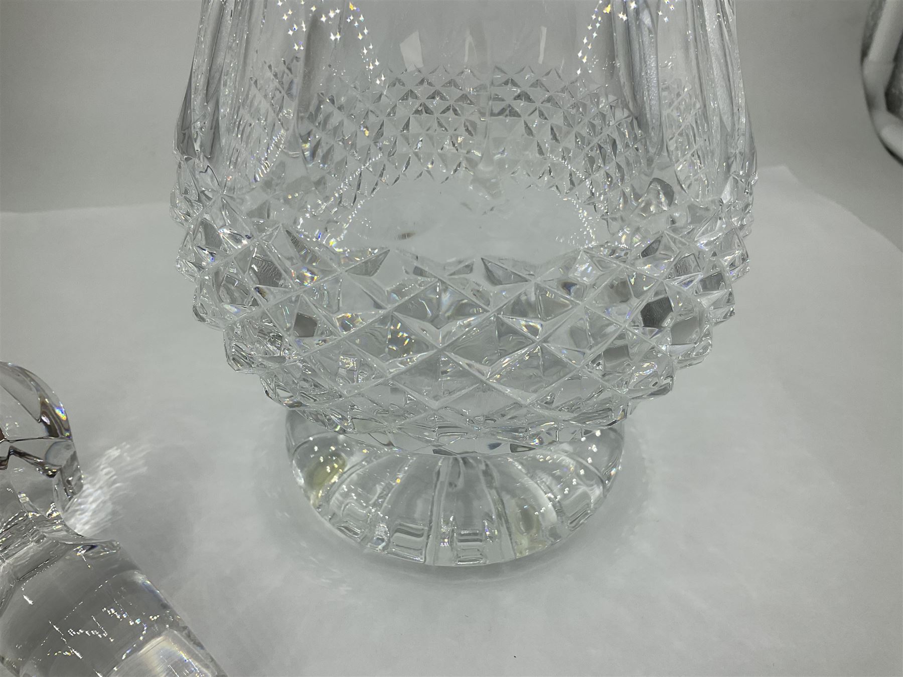 Waterford Crystal Coleen pattern cut glass decanter and Waterford cut glass octagonal pyramid shaped paperweight, decanter H30cm