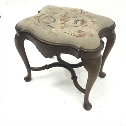 Late 19th/early 20th century mahogany serpentine dressing stool, upholstered needlework seat, cabriole legs joined by shaped stretchers, W61cm, H54cm, D42cm