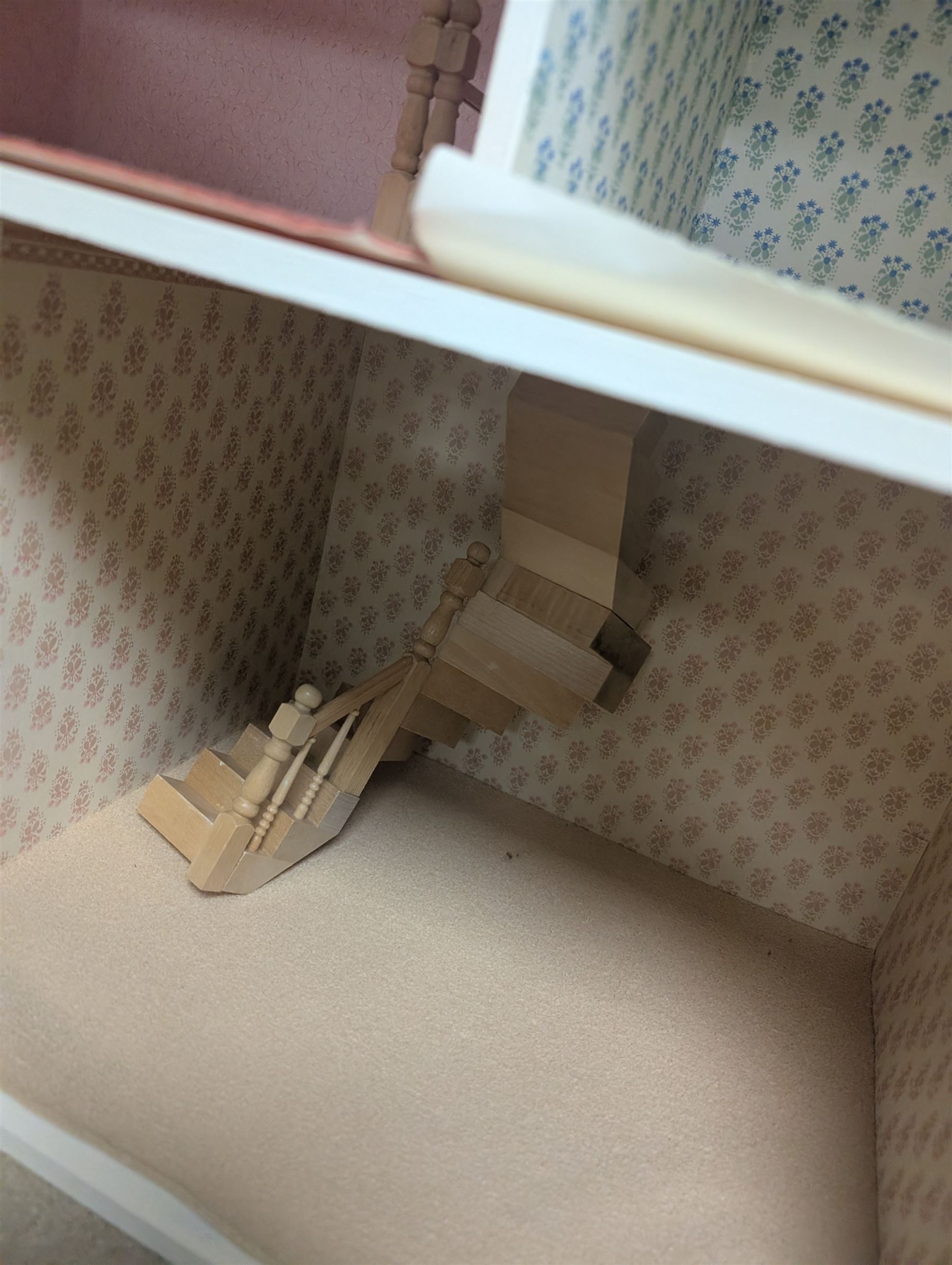 Two storey modern dolls house, with a collection of dolls house furniture and accessories, dolls house H66cm