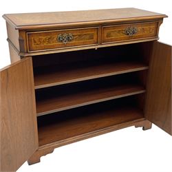 Georgian design figured walnut sideboard, moulded rectangular crossbanded top over two drawers and two cupboards, highly figured door fronts, canted and fluted upright corners, on bracket feet
