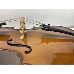 Stentor Student I quarter-size cello with 59.5cm two-piece maple back and ribs and spruce top; bears maker's label with serial no.M072648 L95.5cm overall; in Stentor soft carrying case with bow