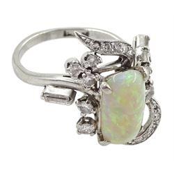Platinum rectangular opal, round and baguette diamond openwork design ring, stamped Plat