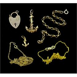 Collection of 9ct gold jewellery including two necklaces, bracelet, heart locket and two anchor pendants, all stamped or hallmarked, approx 11.07gm