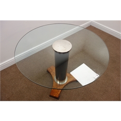  Giorgetti Furniture - circular glass top occasional table, cylinder pedestal support on figured elm platform bases, D85cm, H66cm  