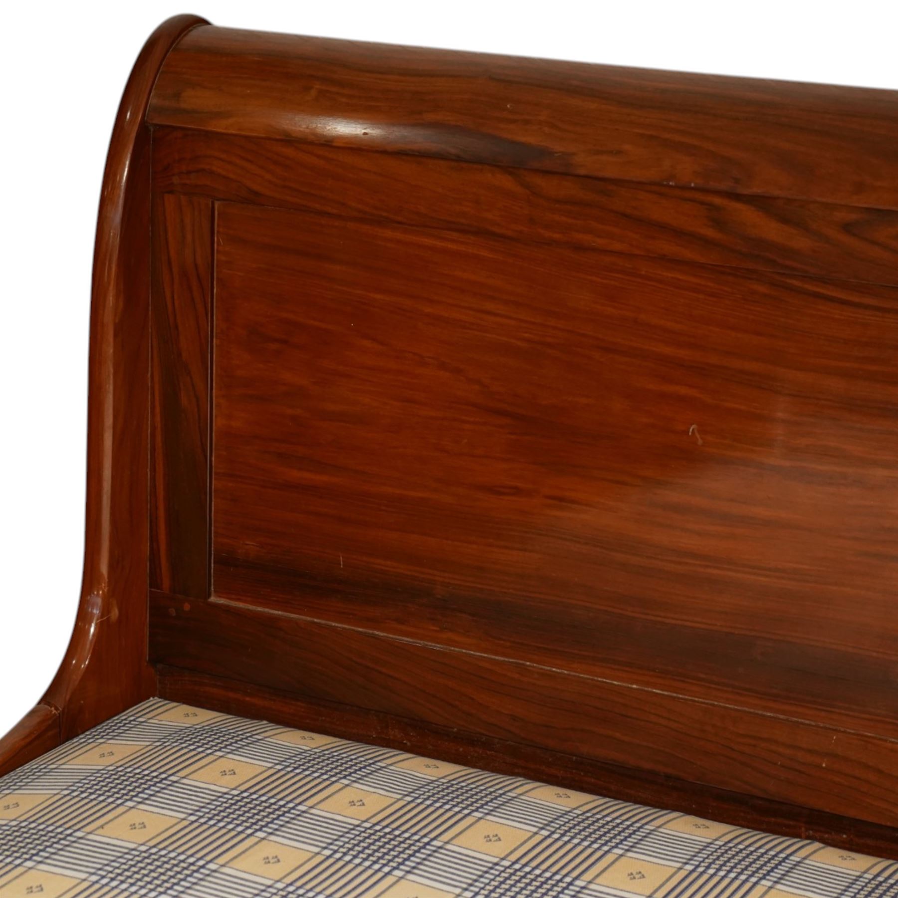 Victorian style mahogany super king sleigh bed with bases, shaped panelled headboard and footboard with scrolled ends, moulded side rails, raised on block supports with castors