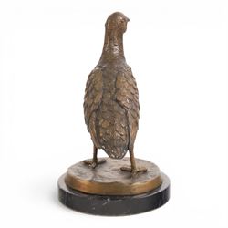 Bronze pheasant upon a circular marble base, together with a similar partridge, largest H25cm 