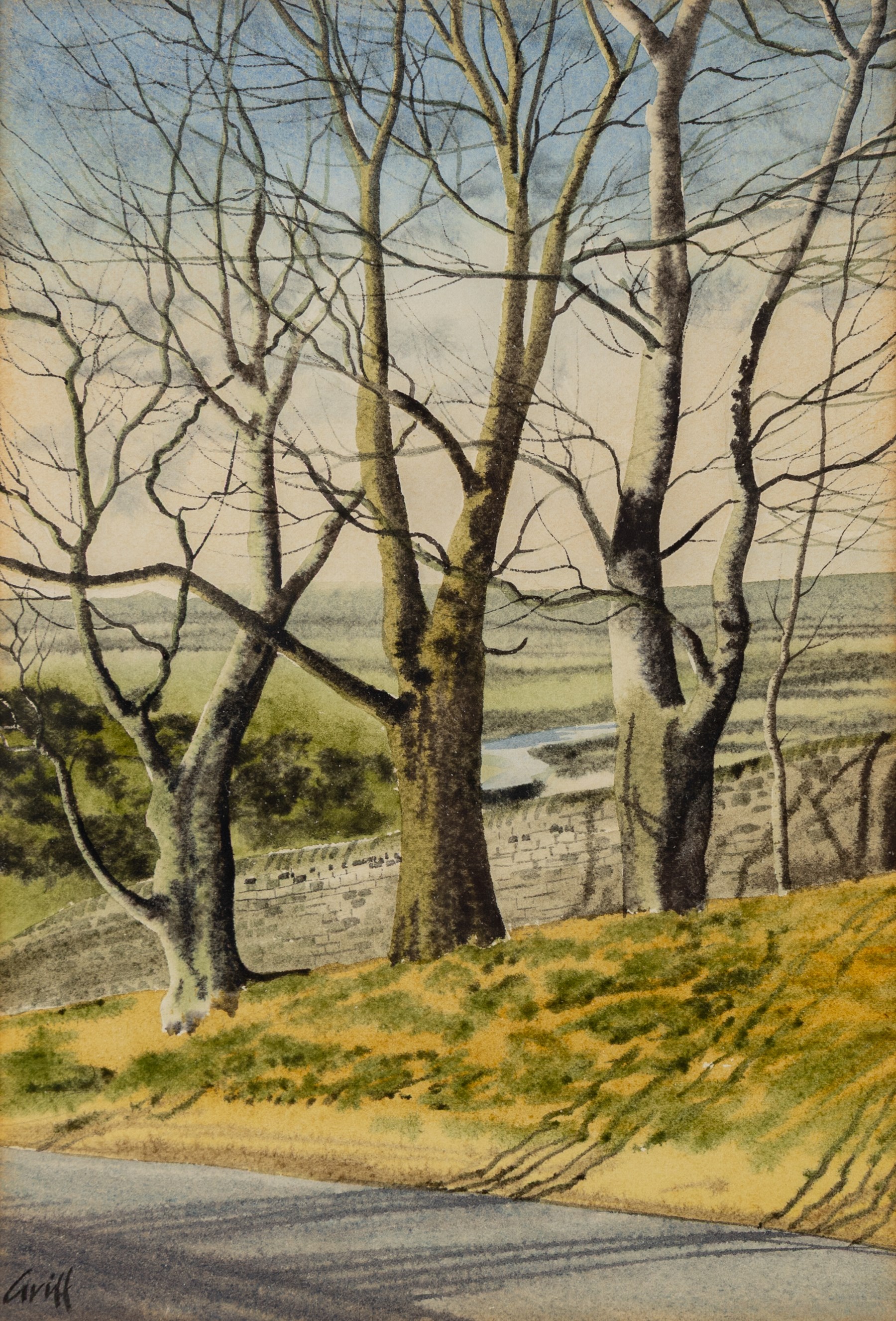 Pat Newton (British 20th century): 'Winter in West Norfolk' and 'The Farm in Winter', pair of acrylics signed, titled on label verso, in matching frames 19cm x 24cm; George 'Griff' Griffiths (British 1939-2017): 'Arthington Bank', watercolour signed, titled and dated 1977 on label verso 24cm x 16cm (3)
