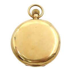 Early 20th century gold-plated half hunter lever pocket watch by American Watch Company, Waltham, No. 7526313, white enamel dial with Roman numerals and subsidiary seconds dial, 10ct gold bloodstone and agate swivel fob, stamped, 9ct gold sovereign mount and a gilt paste stone set initialled fob