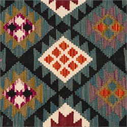 Afghan kilim teal ground runner rug, the field decorated with assorted lozenges with geometric motifs and dark indigo borders, enclosed by a narrow striped guard band