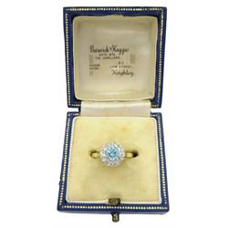18ct gold round blue zircon and diamond cluster ring, Birmingham 1975, boxed