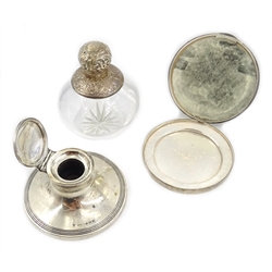  Silver mounted scent bottle with silver screw top, glass stopper, star cut base and acanthus leaf decoration by David & Lionel Spiers Birmingham 1887 11cm, silver inkstand by S Blanckensee & Son Ltd Birmingham 1913 and a silver compact with Arabic inscription dated 1930 10cm (3)  