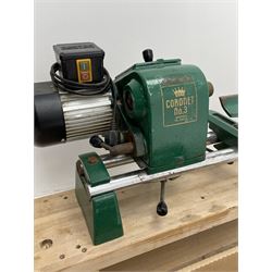 Coronet no.3 wood turning lathe, with various accessories to including - blocks, chucks, calipers and turning chisels (including Robert Sorby)