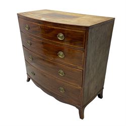 George III mahogany bow-front chest of drawers, four graduated drawers with oval brass handles, raised on splayed bracket feet with a shaped apron