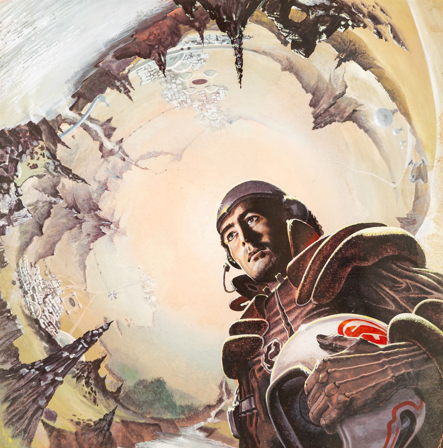 Brian Boyle (British 20th Century): original cover art for Galaxy magazine Vol. 34 No. 8 September 1973 for the serialised Rendezvous with Rama, gouache unsigned, titled and attributed verso, 28x27cm
Notes: This item is from the private collection of Arthur C. Clarke's brother.