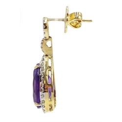 Pair of 18ct gold pear shaped amethyst pendant earrings, with diamond surround, amethyst total weight 9.00 carat total, diamond total weight approx 1.10 carat