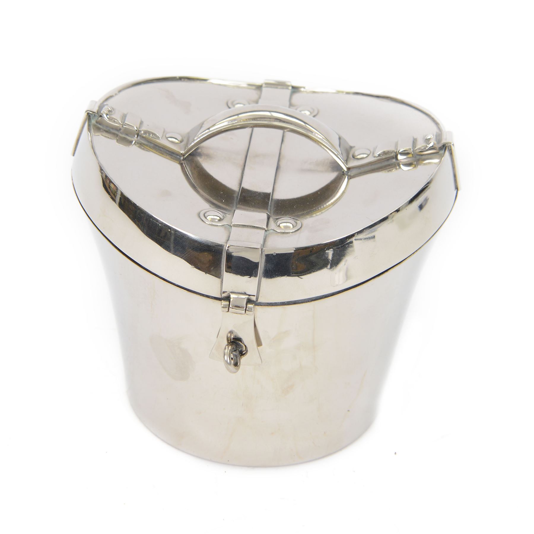 Silver plated novelty ice bucket, in the form of a hat box, with twist action latch, H15cm