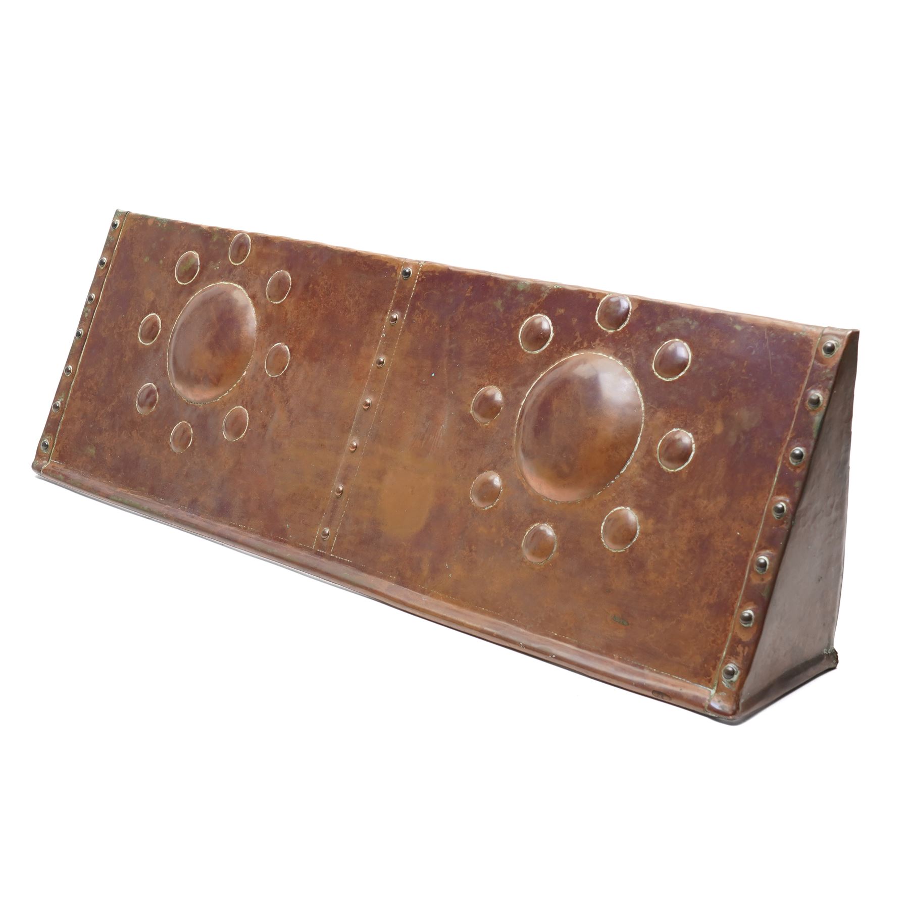 Arts & Crafts period copper fireplace hood by John Pearson, decorated with stylised roundels, signed verso, W77cm