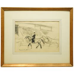 Dame Laura Knight (Staithes Group 1877-1970): 'Circus Rider and Horses', charcoal signed, titled on Peter Haworth label verso 25cm x 36cm 