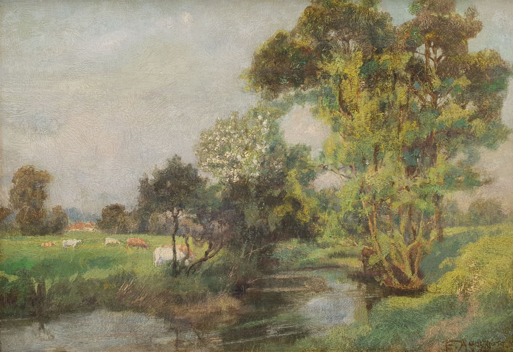 Frederick Marriott (British 1860-1941): 'La Riviere Dordogne' - Cattle Watering, oil on canvas signed, titled on stretcher verso 35cm x 49cm